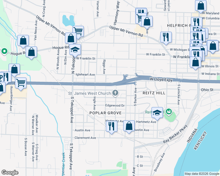 map of restaurants, bars, coffee shops, grocery stores, and more near 3117 Forest Ave in Evansville