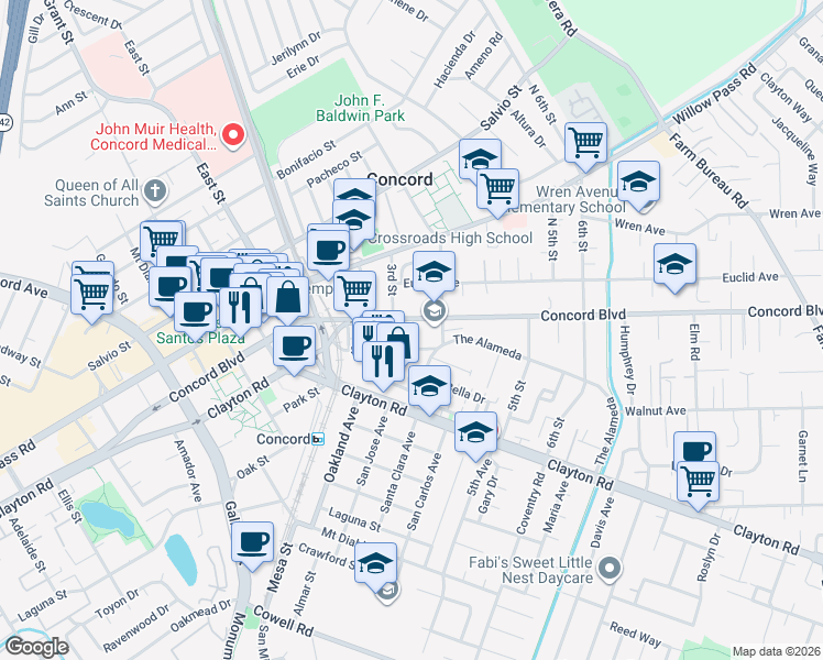 map of restaurants, bars, coffee shops, grocery stores, and more near 2850 Concord Boulevard in Concord