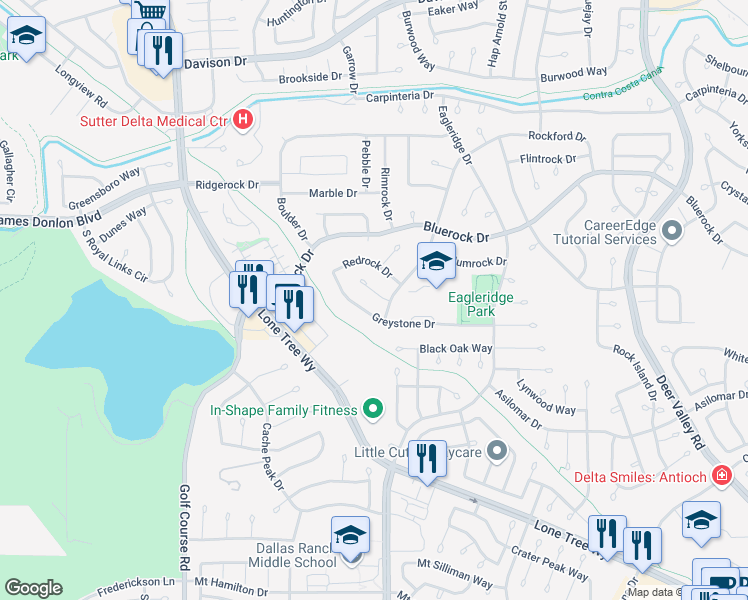 map of restaurants, bars, coffee shops, grocery stores, and more near 425 Sandy Hill Court in Antioch