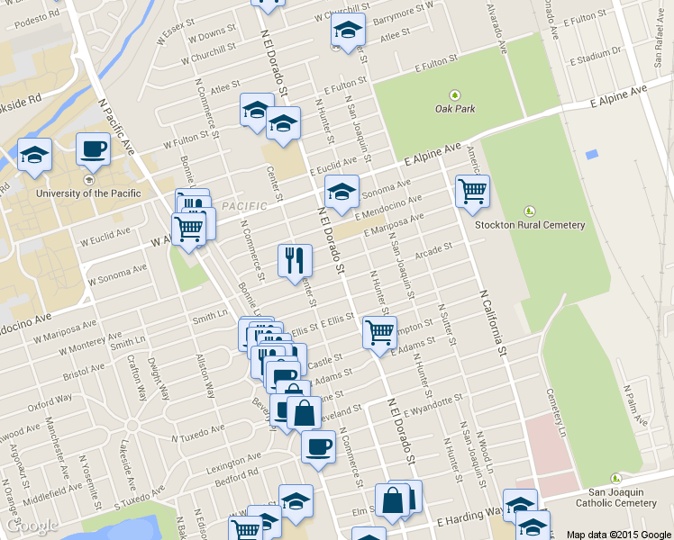 map of restaurants, bars, coffee shops, grocery stores, and more near 30 East Monterey Avenue in Stockton