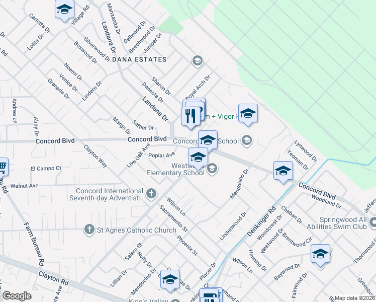 map of restaurants, bars, coffee shops, grocery stores, and more near 1745 Eucalyptus Court in Concord