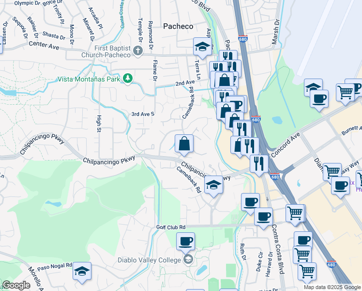 map of restaurants, bars, coffee shops, grocery stores, and more near 422 Camelback Road in Pleasant Hill
