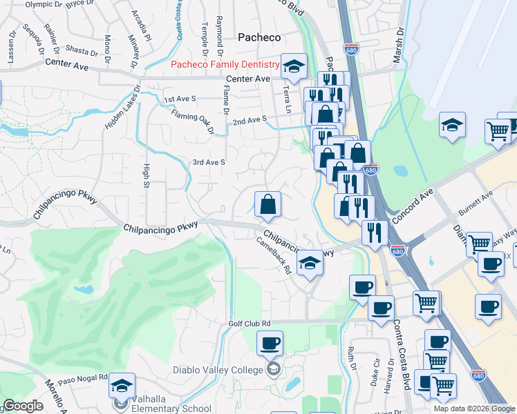 map of restaurants, bars, coffee shops, grocery stores, and more near 422 Camelback Road in Pleasant Hill