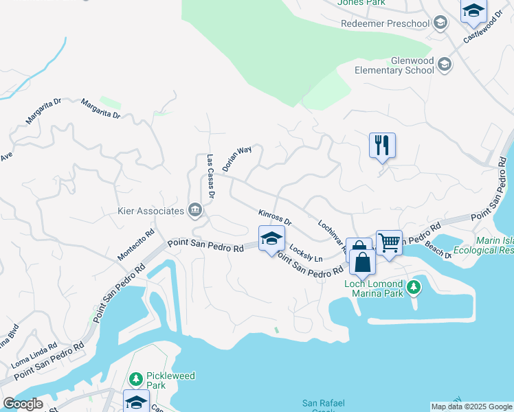 map of restaurants, bars, coffee shops, grocery stores, and more near 108 Kinross Drive in San Rafael
