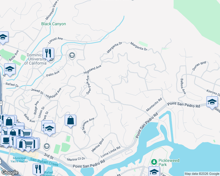 map of restaurants, bars, coffee shops, grocery stores, and more near 330 Summit Avenue in San Rafael