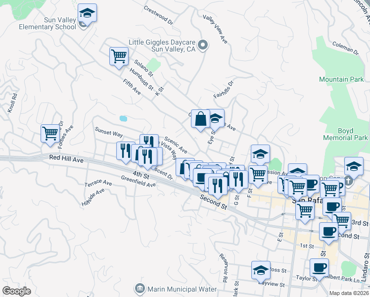 map of restaurants, bars, coffee shops, grocery stores, and more near 59 Bayo Vista Way in San Rafael