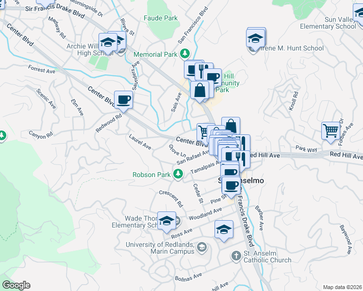 map of restaurants, bars, coffee shops, grocery stores, and more near 849 San Anselmo Avenue in San Anselmo