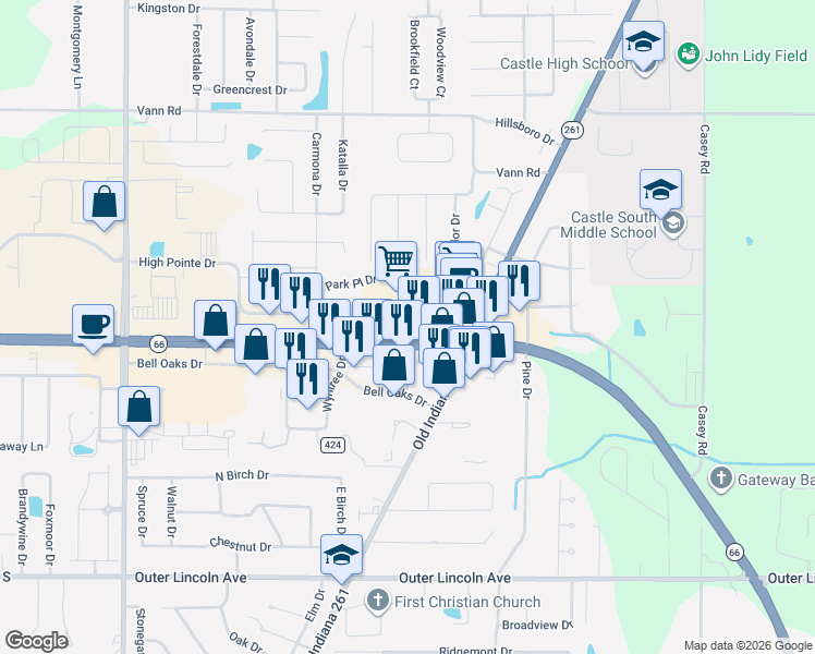 map of restaurants, bars, coffee shops, grocery stores, and more near 7800 Indiana 66 in Newburgh