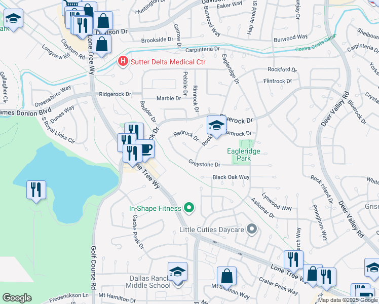 map of restaurants, bars, coffee shops, grocery stores, and more near 425 Sandy Hill Court in Antioch