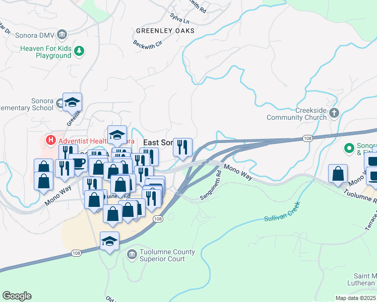 map of restaurants, bars, coffee shops, grocery stores, and more near Mountain View Road & Fir Drive in Sonora