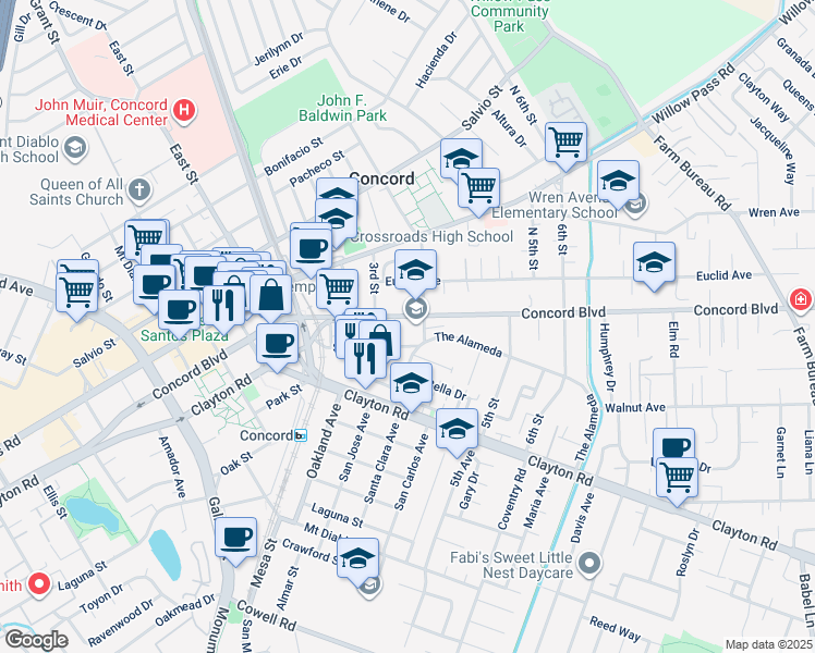 map of restaurants, bars, coffee shops, grocery stores, and more near 2890 Concord Boulevard in Concord