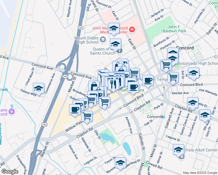 map of restaurants, bars, coffee shops, grocery stores, and more near 1950 Concord Avenue in Concord