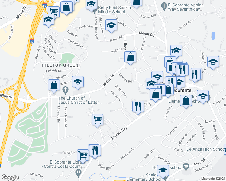 map of restaurants, bars, coffee shops, grocery stores, and more near 644 Pebble Drive in El Sobrante