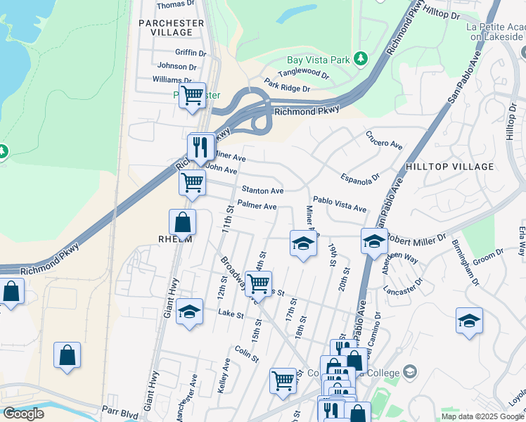 map of restaurants, bars, coffee shops, grocery stores, and more near 1312 Palmer Avenue in San Pablo