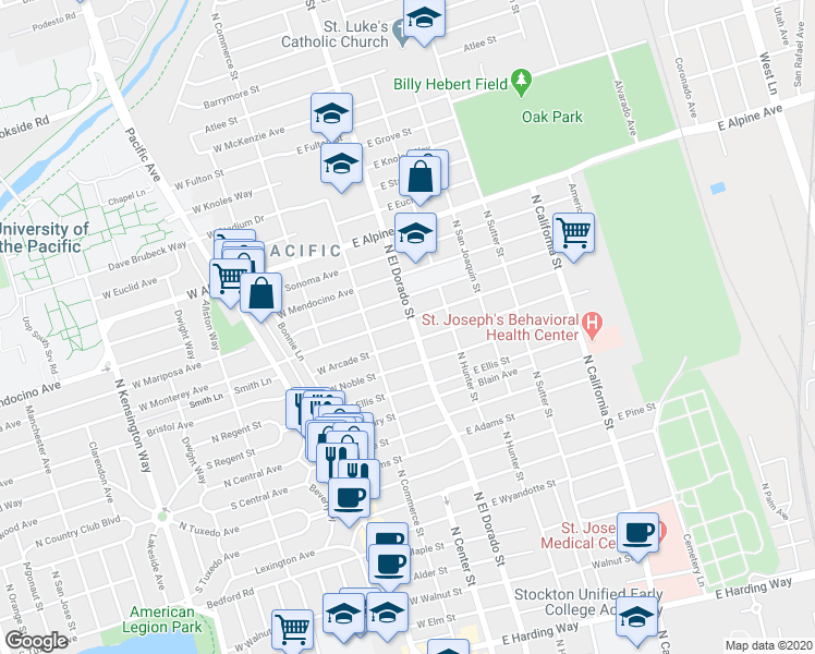 map of restaurants, bars, coffee shops, grocery stores, and more near 58 East Monterey Avenue in Stockton