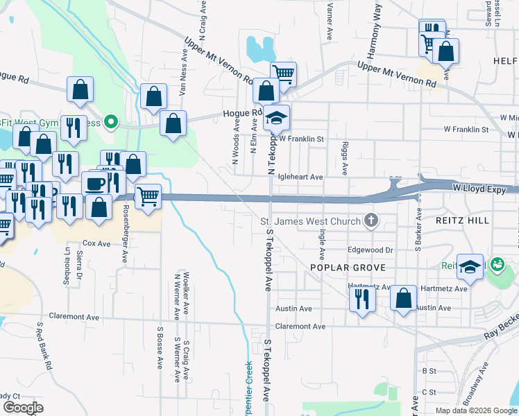 map of restaurants, bars, coffee shops, grocery stores, and more near 35 South Tekoppel Avenue in Evansville