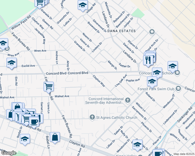 map of restaurants, bars, coffee shops, grocery stores, and more near 1776 Clayton Way in Concord