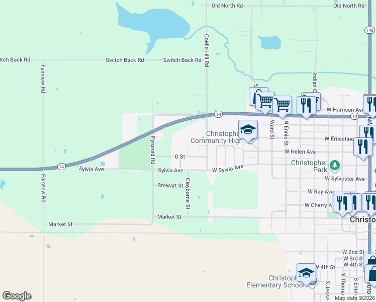 map of restaurants, bars, coffee shops, grocery stores, and more near Arthur Avenue in Christopher