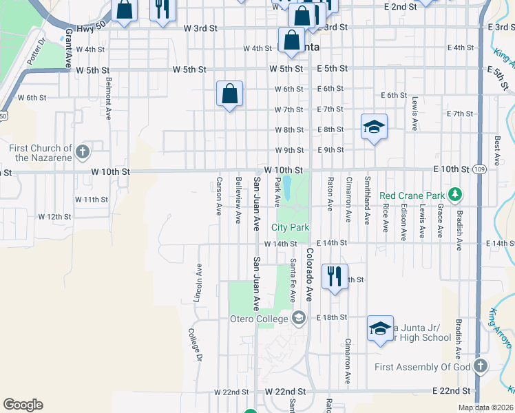 map of restaurants, bars, coffee shops, grocery stores, and more near 1198 San Juan Ave in La Junta