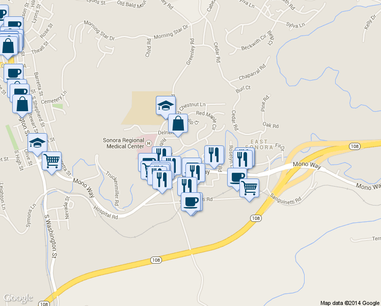 map of restaurants, bars, coffee shops, grocery stores, and more near 19550 Cameron Lane in Sonora