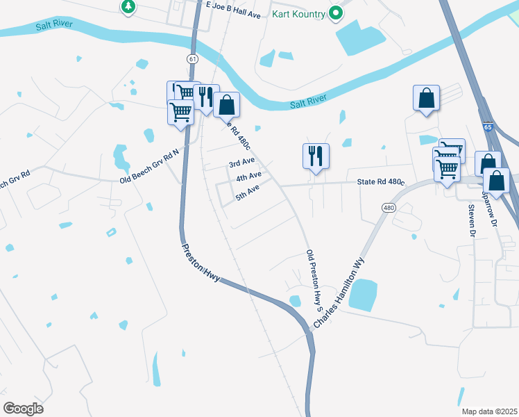 map of restaurants, bars, coffee shops, grocery stores, and more near 194 6th Avenue in Shepherdsville