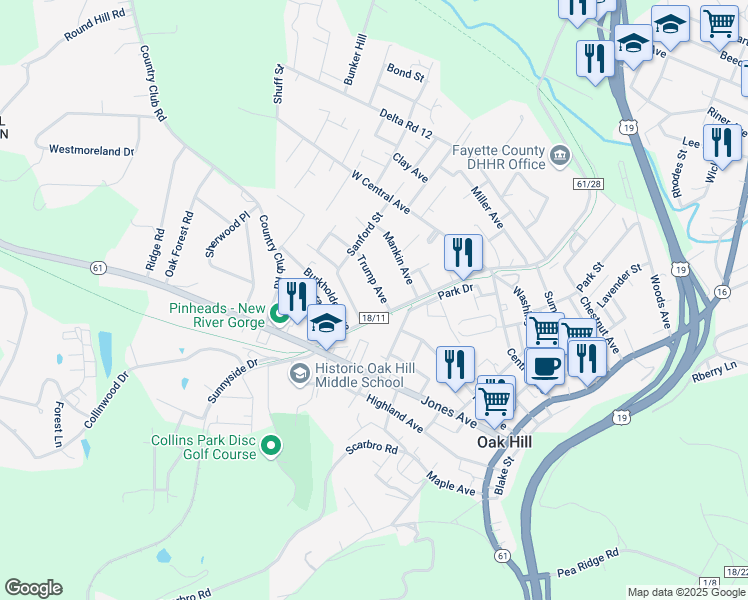 map of restaurants, bars, coffee shops, grocery stores, and more near 39 Trump Avenue in Oak Hill