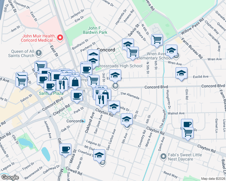 map of restaurants, bars, coffee shops, grocery stores, and more near 2890 Concord Boulevard in Concord
