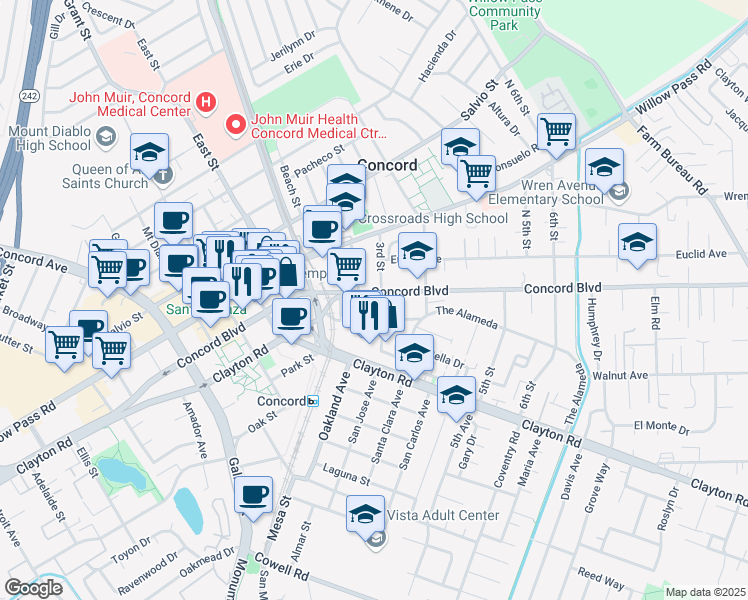 map of restaurants, bars, coffee shops, grocery stores, and more near 2752 Concord Boulevard in Concord