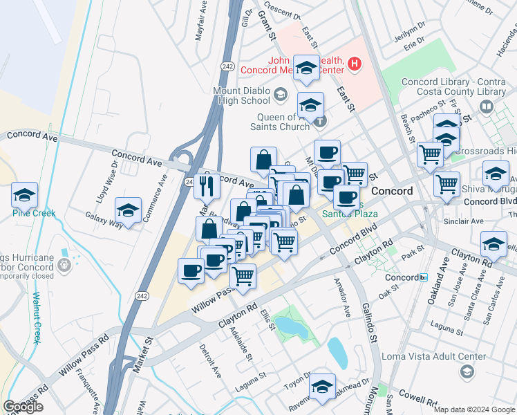 map of restaurants, bars, coffee shops, grocery stores, and more near 1851 Harrison Street in Concord