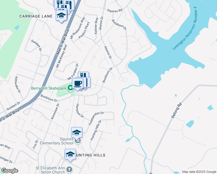 map of restaurants, bars, coffee shops, grocery stores, and more near 3412 Smoky Mountain Drive in Lexington