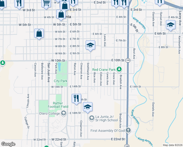 map of restaurants, bars, coffee shops, grocery stores, and more near 348 E 12th St in La Junta
