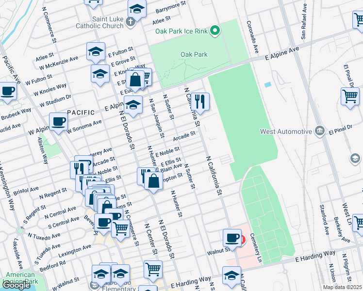 map of restaurants, bars, coffee shops, grocery stores, and more near 403 East Noble Street in Stockton