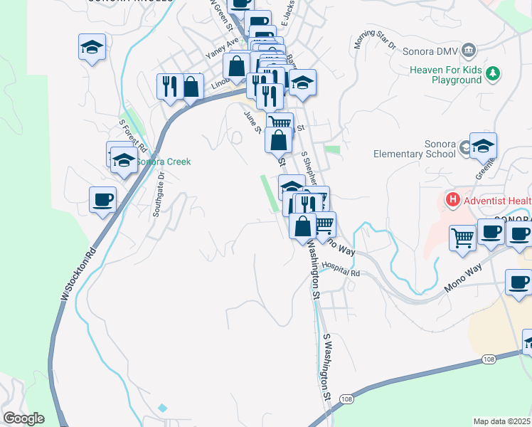 map of restaurants, bars, coffee shops, grocery stores, and more near 120 West Sunset Street in Sonora