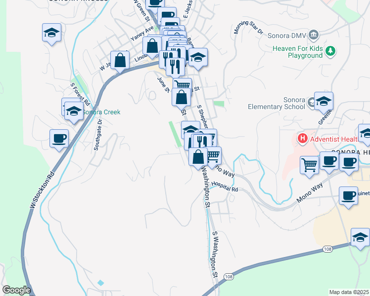 map of restaurants, bars, coffee shops, grocery stores, and more near 570 Olive Street in Sonora