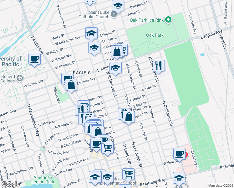 map of restaurants, bars, coffee shops, grocery stores, and more near 2820 North El Dorado Street in Stockton