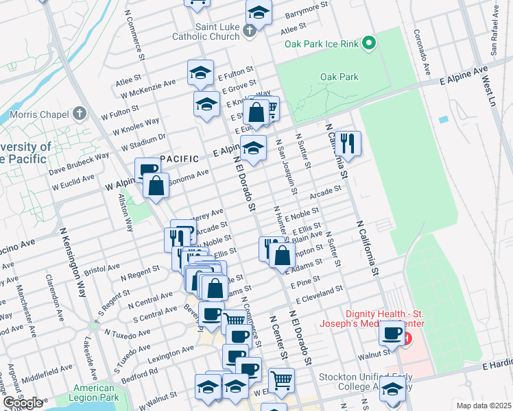 map of restaurants, bars, coffee shops, grocery stores, and more near 2820 North El Dorado Street in Stockton