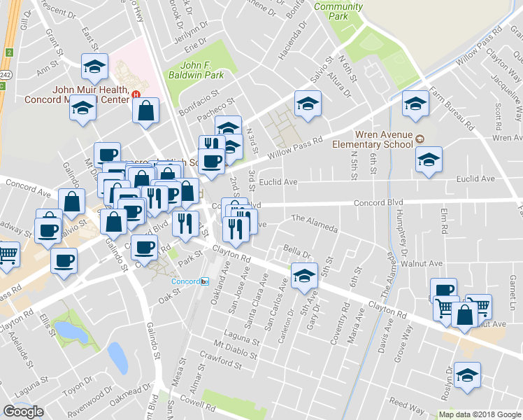 map of restaurants, bars, coffee shops, grocery stores, and more near 2890 Concord Boulevard in Concord