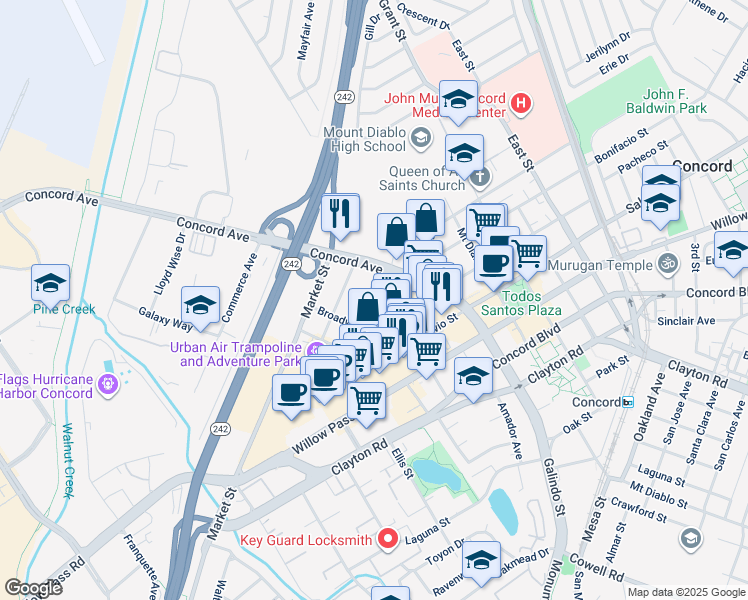map of restaurants, bars, coffee shops, grocery stores, and more near 2130 California Street in Concord