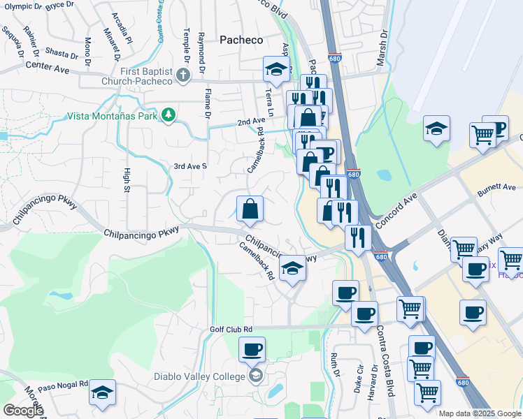 map of restaurants, bars, coffee shops, grocery stores, and more near 422 Camelback Road in Pleasant Hill