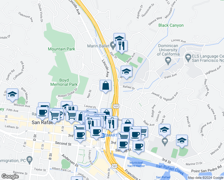 map of restaurants, bars, coffee shops, grocery stores, and more near 75 Plum Tree Lane in San Rafael