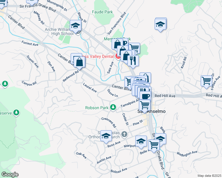map of restaurants, bars, coffee shops, grocery stores, and more near 115 Madrone Avenue in San Anselmo
