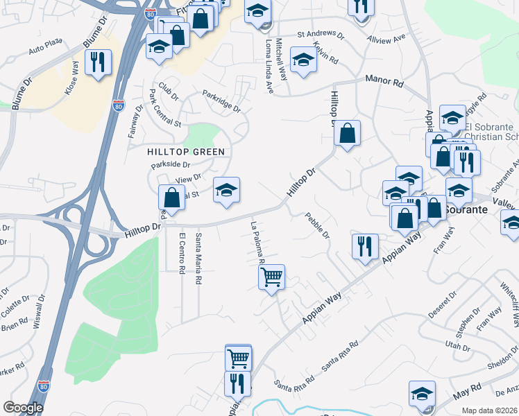 map of restaurants, bars, coffee shops, grocery stores, and more near 4638 Hilltop Drive in El Sobrante