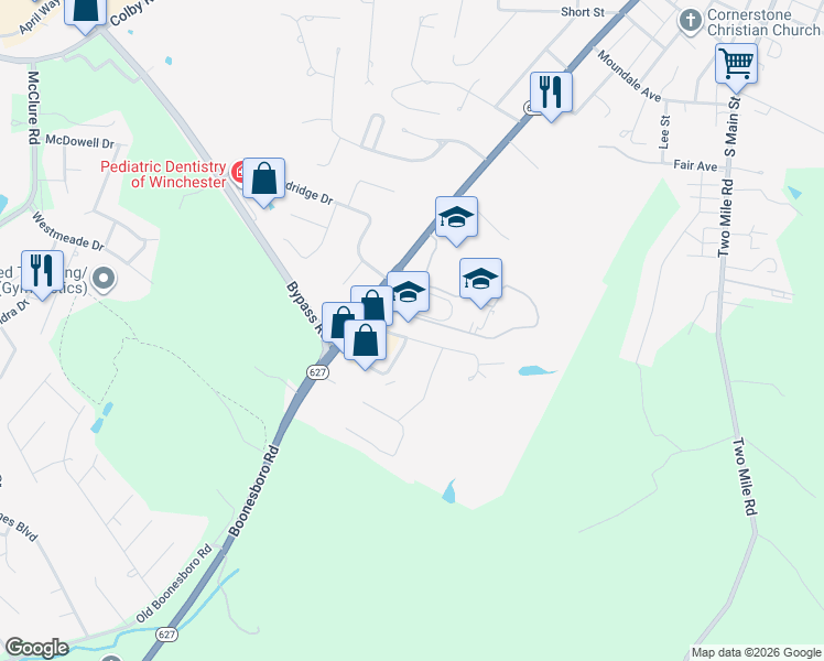 map of restaurants, bars, coffee shops, grocery stores, and more near 100 Vaught Road in Winchester