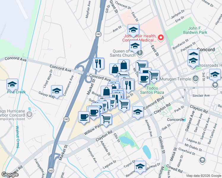 map of restaurants, bars, coffee shops, grocery stores, and more near 1851 Harrison Street in Concord