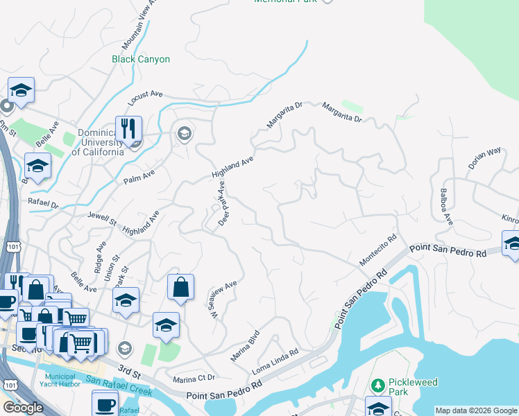 map of restaurants, bars, coffee shops, grocery stores, and more near 330 Summit Avenue in San Rafael