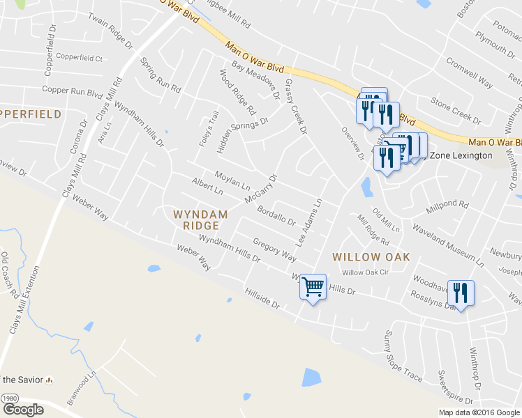 map of restaurants, bars, coffee shops, grocery stores, and more near 947 Bordallo Drive in Lexington