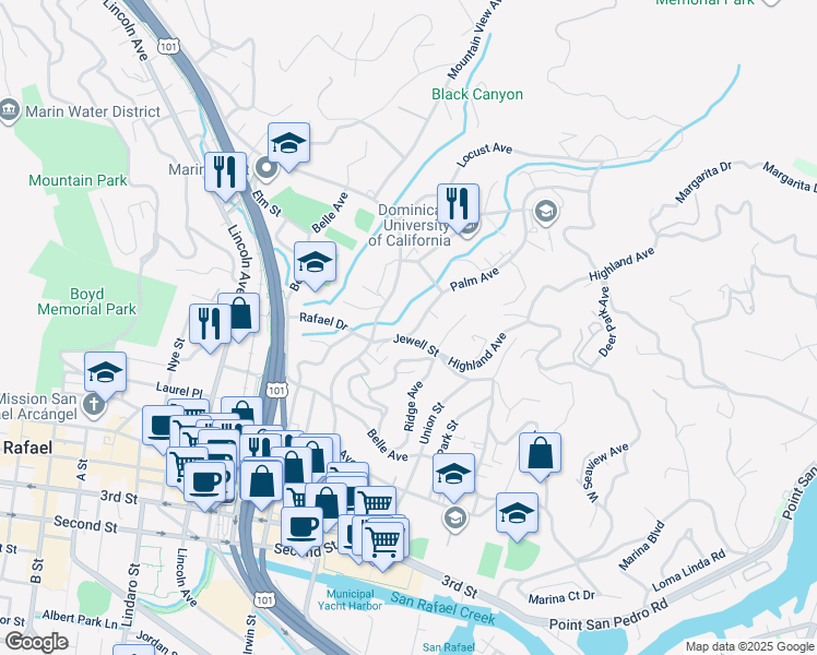 map of restaurants, bars, coffee shops, grocery stores, and more near 11 Palm Avenue in San Rafael