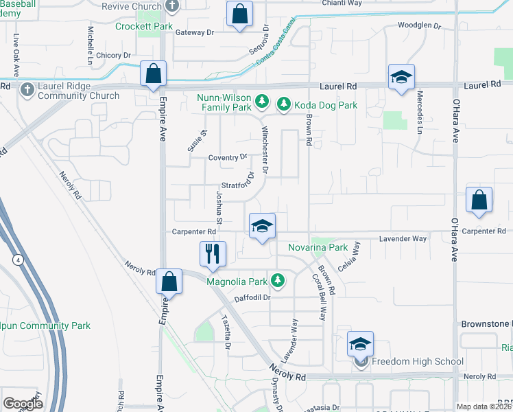 map of restaurants, bars, coffee shops, grocery stores, and more near 512 Whitehall Court in Oakley