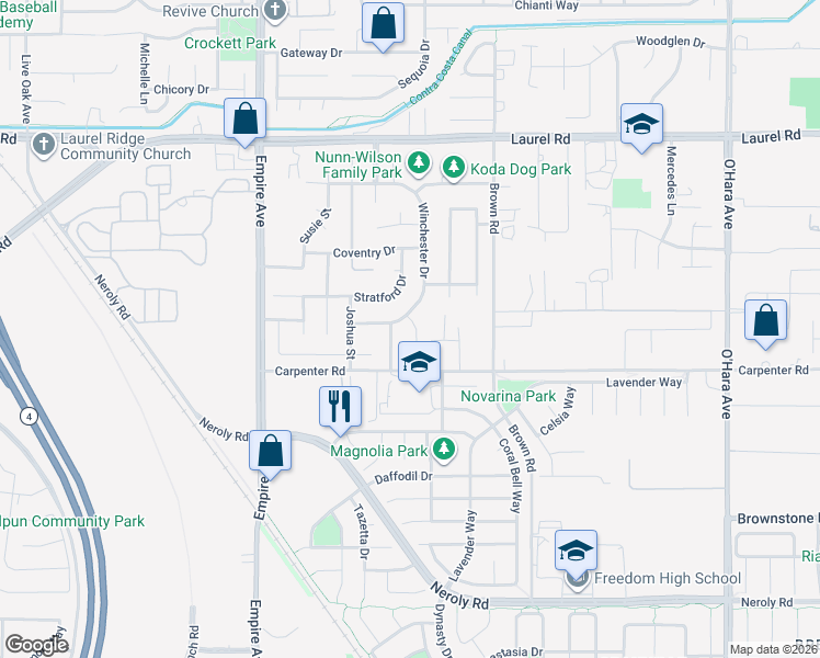 map of restaurants, bars, coffee shops, grocery stores, and more near 512 Whitehall Court in Oakley