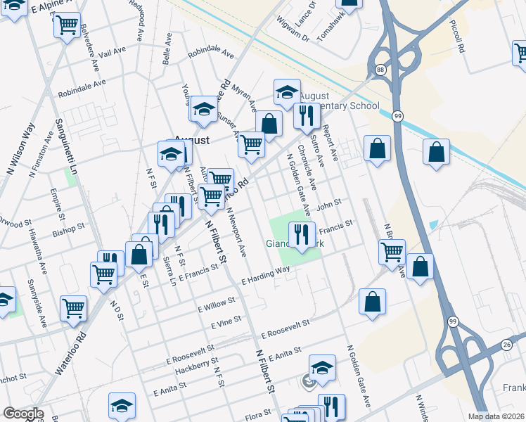 map of restaurants, bars, coffee shops, grocery stores, and more near 1628 Rhode Island Avenue in Stockton